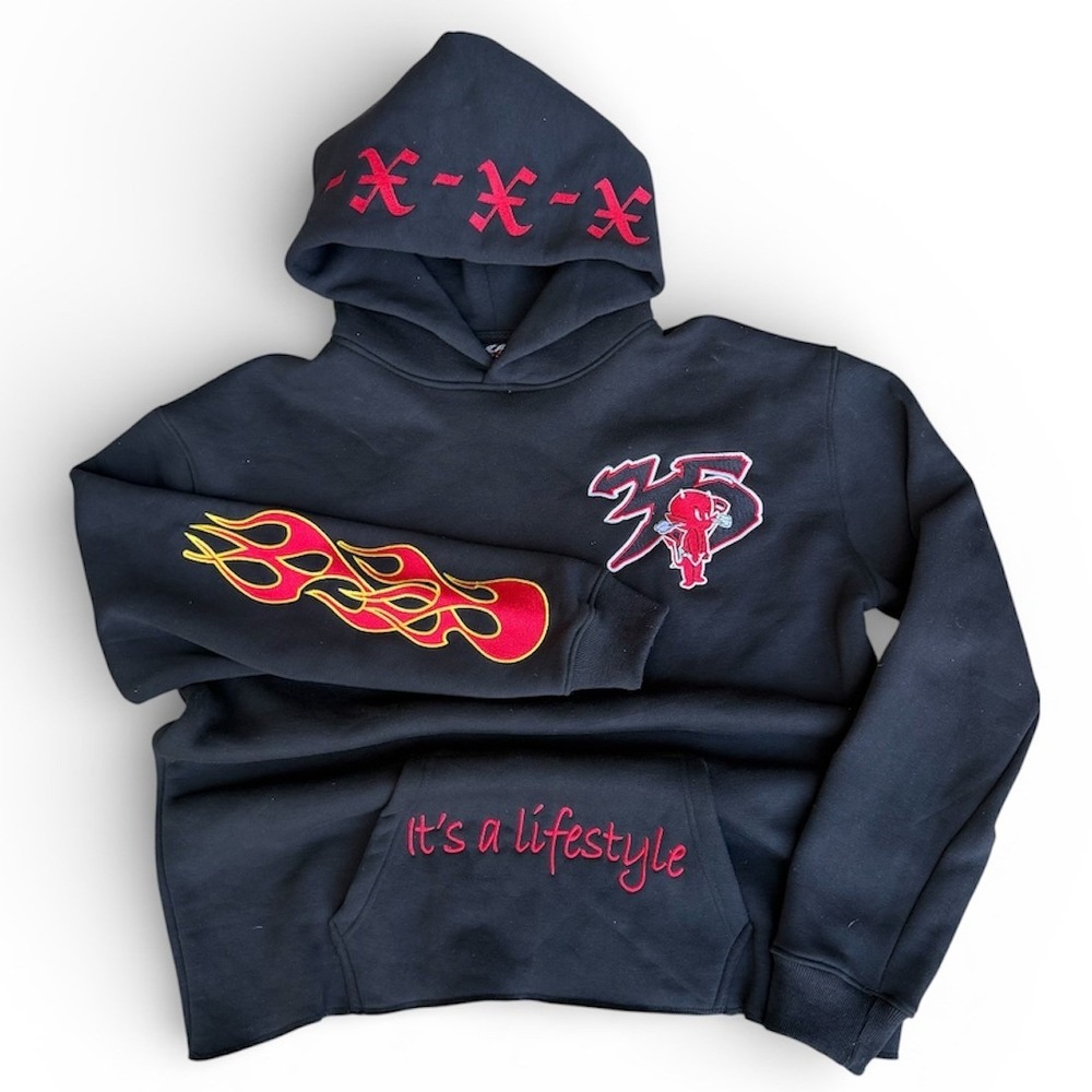 Three Five Apparel Mens 2XL Black Flame Embroidered Streetwear Devil Hoodie NWT